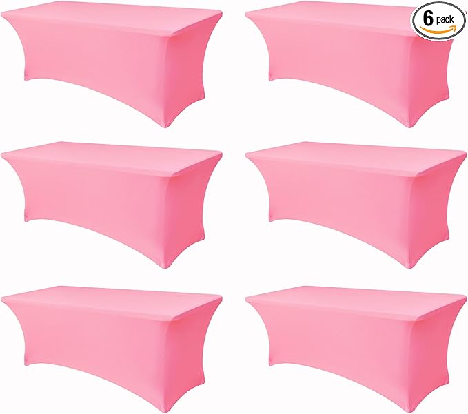 Spandex Table Cloths for 8 Foot Rectangle Tables-6 Pack Fitted Stretch Pink Table Covers-Elastic Folding Tablecloths for Party, Vendor Booth Display, Banquet Buffet Event, Craft Trade Show