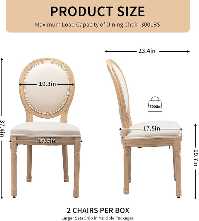 Vintage French Dining Chairs Set of 8, Round Back Accent Chairs with Linen Seat and Solid Wood Frame, Farmhouse Sillas de Comedor Upholstered for Dining Room & Kitchen, Beige