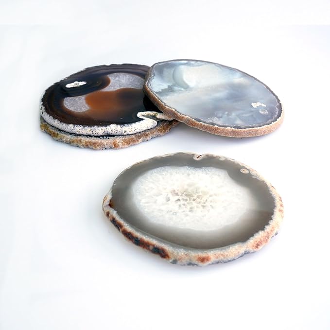 Natural Agate Slices Bulk Crystal Geode Coasters Set of 4 - Unique 4-5 Inch Cute Stone Drink Coasters with Rubber Bumpers - Natural Slices Geode for Home Decor, Coffee Table, Bar Accessories