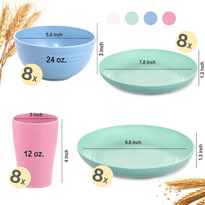 Supernal Wheat Straw Dinnerware, Wheat Straw Plates and Bowls Sets Dishwasher Safe, Unbreakable Light Weight Plate Service For 8, Reusable Plastic Plate, Include 16pcs Plates, 8pcs Bowls, 8pcs Cups