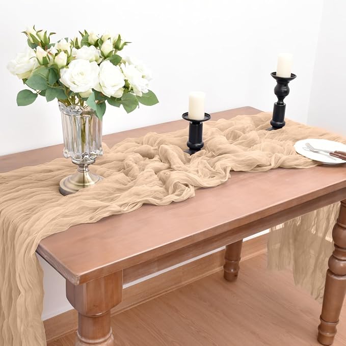 Joanlody Champagne Cheesecloth Table Runner Spring Easter 10Ft Rustic Gauze Boho Cheese Cloth Table Runner for Wedding Bridal Baby Shower Decoration