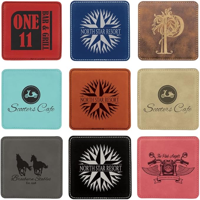 Custom Engraved Coasters | Personalized Leather Coaster | Set of 6 | Drink Coasters with Holder | Laser Engraved | Tabletop Protection | Gift for Couples (Square 4" x 4", Rustic w/Gold)