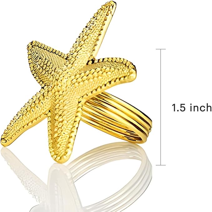 Decozen Set of 12 Gold Napkin Rings in Star Fish Design, Festive, Table Decor Setting for Holiday, Wedding, Birthday, Kitchen, Home Decor, Housewarming Gift - Mothers Day Decorations
