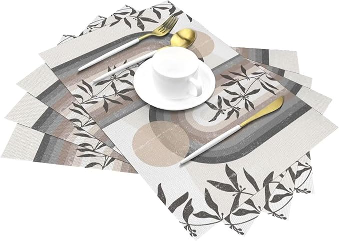 Boho Leaf Mid Century Placematss, Bohemian Plant Mid Century Palm Tropical Abstract Modern Washable Place Mats 12x18Inch for Dining Kitchen Farmhouse Decor 4 PCS