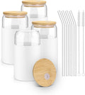sungwoo Glass Cups with Lids and Straws, 4 Pack 16OZ Iced Coffee Cups with Silicone Sleeve, Glass Tumbler with Straw and Bamboo Lid, Home Essential Drinking Set for Juice, Cocktail and Latte White