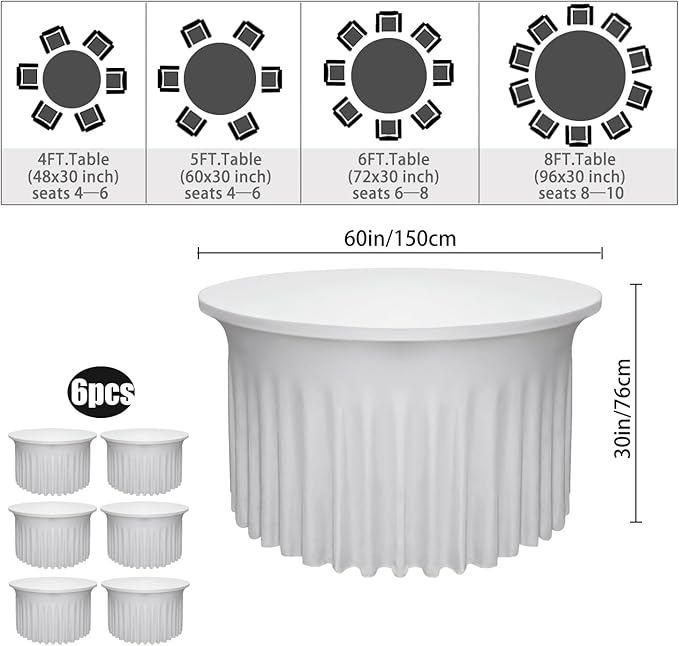 6-Pack 60" Diameter x 30" Height White Round Table Skirts for 5FT Tables | Wrinkle & Stain Resistant Polyester Spandex Tablecloths with Elastic Fit | Ideal for Weddings, Parties, Banquets, Dining