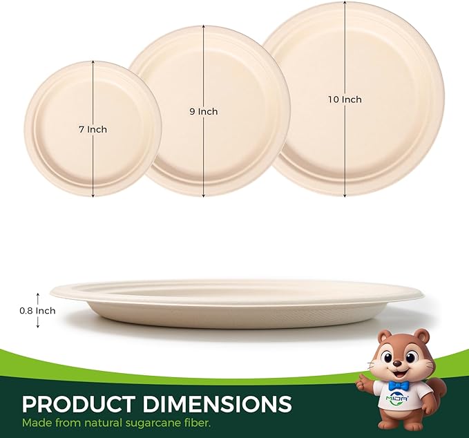 100% Compostable Plates - 125-Count Heavy Duty, Biodegradable Bagasse Plates - Eco Friendly and Sustainable (Natural, 10 inch)