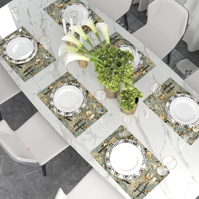 12"x18" Vintage Blue Grey Flower Bird Tree Plants Forest Placemats Set of 4 Washable Thick Place Mats Kitchen Table Mats Decorative Linen Fabric Table Mat for Dining Table Kitchen Home Decor
