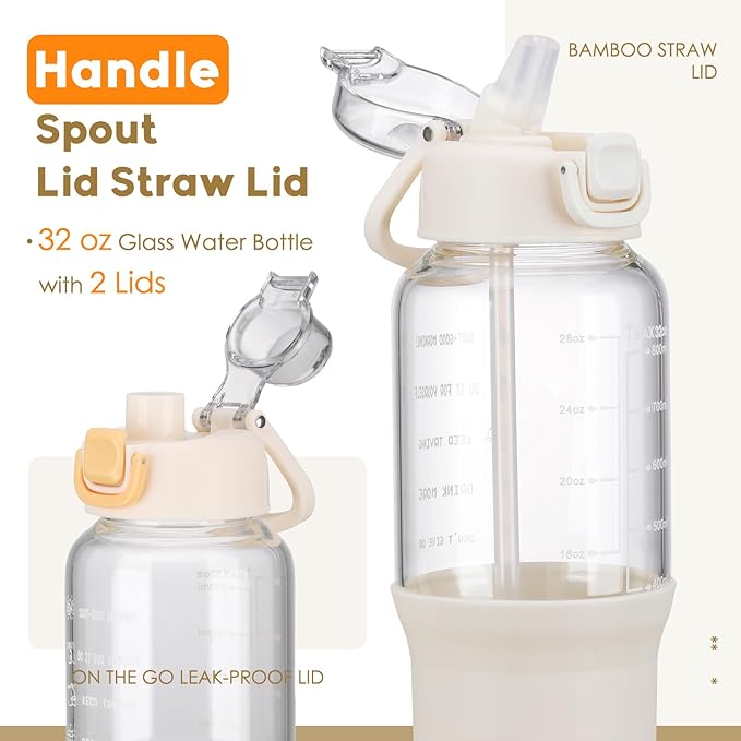SIEROZUR 32 oz Glass Tumbler with Straw, Glass Water Bottles with 2 Lids-Handle Spout Lid & Straw Lid, 1 Liter Motivational Water Bottles, Silicone Sleeve, Fits Car Cup Holder,White