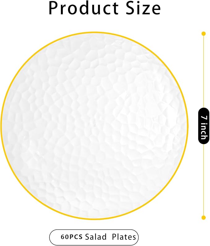 Rubtlamp 60 Pcs Clear Plastic Dessert Plates, Hammered Party Plates, Disposable Heavy Duty Salad/Dessert Platos,Clear Party Platos, Gold Plastic Appetizer Platos Disposable For All Occasions