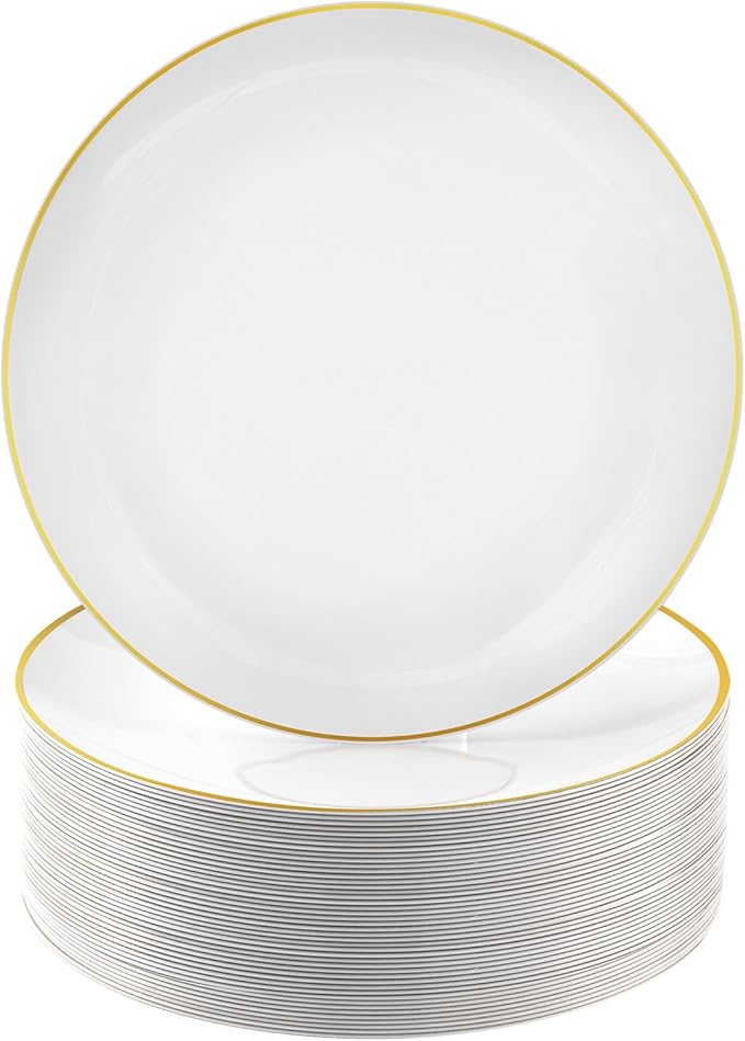 100 PCS Gold and White Plastic Plates, 10 inch White Disposable Plates for Party, Plastic Dinner Plates for Party, Graduation, Birthday, Wedding