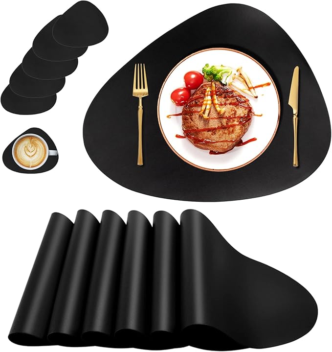 Placemats Set of 6, Faux Leather Placemats with Coasters, Black Table Mats Set of 6 Heat Stain Scratch Resistant Waterproof Washable Wipeable Place Mats for Dining Patio Table Kitchen