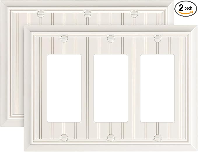 2-Pack Classic Beadboard Decorative Tripple Decorator Outlet Cover Plate, Durable Natural Bamboo Fiber Light Almond Wall Plate for Electrical Outlets, Receptacle, GFCI Outlet, Dimmer Switch, 3-Gang