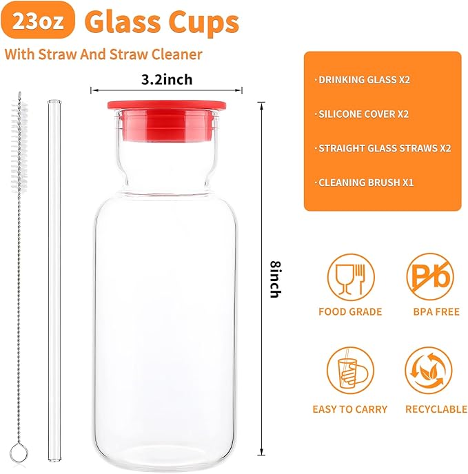 Glass Cup with Silicone Lid and Straw, 23 Oz Drinking Glasses Water Bottle Vintage Glassware for Iced Coffee, Juice, Cocktails, Whisky Tumbler for Gift 2 Pack