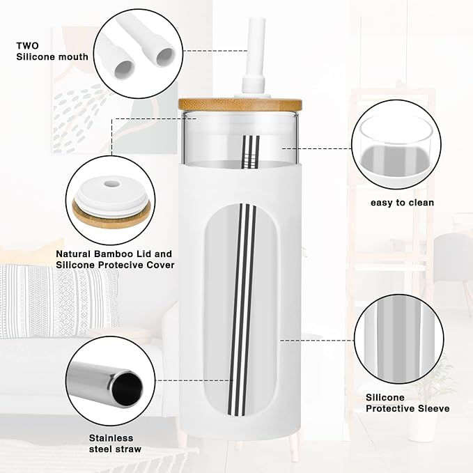 Tronco 22oz Glass Tumbler with Bamboo Lid and Straw, Reusable Iced Coffee Cup for Boba Tea, Smoothies & Cold Drinks, Spill-Proof Glass Cup with Silicone Sleeve, Dishwasher Safe, BPA-Free (Pack of 2)