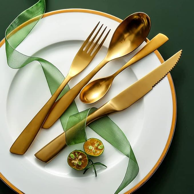 32 Piece Gold Silverware Set for 8,Modern Unique 18/10 Stainless Steel Flatware Cutlery Set, Eating Tableware Set,Vintage Luxury Style Cutlery Set for Home Restaurant Wedding Party