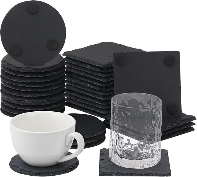 40 Pack 4 Inch Slate Coasters, Black Stone Coasters with Anti-Scratch Bottom, Ideal for Home Decor, Bar, Housewarming Gifts, and Laser Engraving KUKLIPJIM