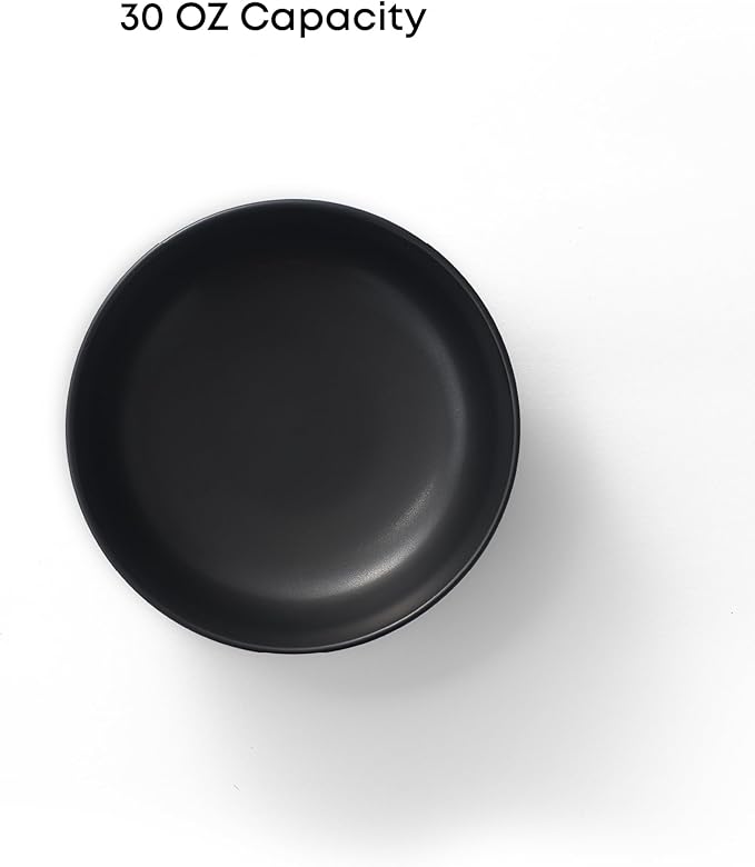 JoyJolt Mesa 30oz Stoneware Pasta Bowls Set of 4, Salad and Serving Bowls for Kitchen, Oatmeal, Soup, Dinner - Matte Black, Dishwasher and Microwave Safe, Wide and Shallow Plate