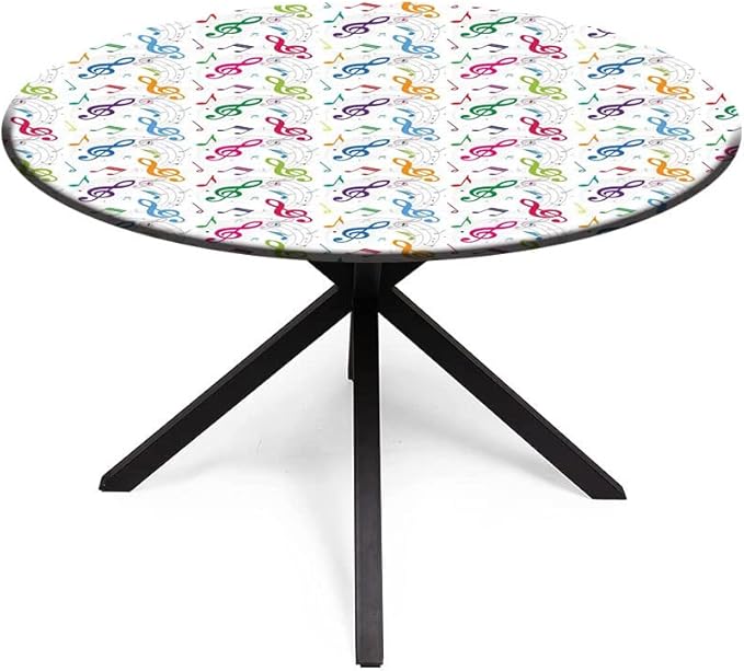 Round Vinyl Fitted Tablecloth, Music Decor Print Polyester Table Cloth, Notes on Circle Shape Geometric Background Carnival, Fit Round Tables 35inch Diameter, for Xmas/Parties/Home, Multy