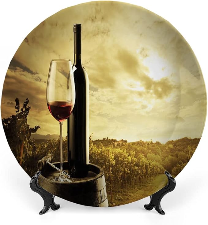 Decorative Plates, Wine Print Ornament, Red Wine Bottle and Glass on Wooden Barrel, 8 Inch, 1 Plate with 1 Display Stand, Light Coffee Green Black