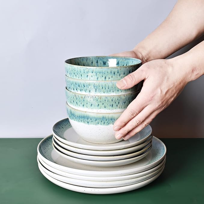 Bosmarlin Stoneware Soup Bowl Set of 4, 26 Oz, Cereal Bowl for Oatmeal, Dishwasher and Microwave Safe, Reactive Glaze (Turquoise Green, 6 in)