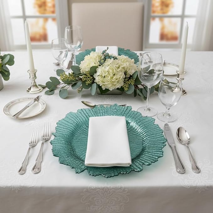 LOYALHEARTDY 24 Pack 13 Inch Green Charger Plates, Plastic Reef Textured Rim Round Decorative Underplates for Wedding, Party, Dinner Table