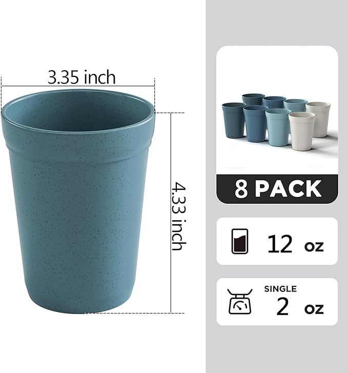 Homestockplus 12 Oz Plastic Cups Reusable, Set of 8 Wheat Straw Drinking Cups, Microwave and Dishwasher Safe Unbreakable Water Cups for Kitchen, Home, Office, and Outdoor Use