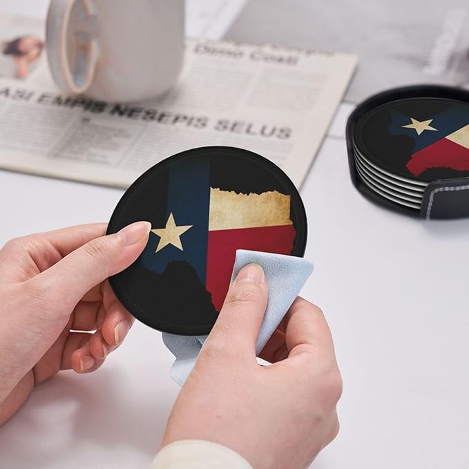 Texas Flag Coasters for Drinks with Holder Round Leather Coasters Set of 6 Cups Mugs Mat Pad for Home Kitchen Bar