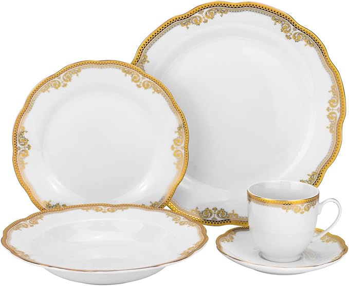 Euro Porcelain 57 piece Banquet Dinnerware Set with Scalloped Edges - Luxury Tableware Dining Service for 8