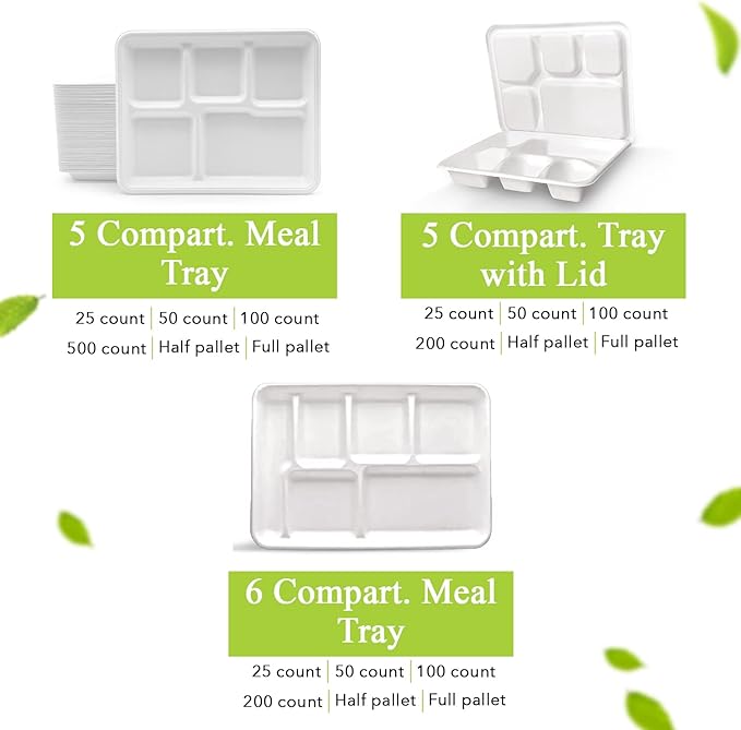 three leaf 6 COMPARTMENT BAGASSE TRAY 50 Ct. Heavy-Duty- Super Strong- Natural- Eco-Friendly Disposable Bagasse Plates, 100% Biodegradable 6 Compartment meal Plates