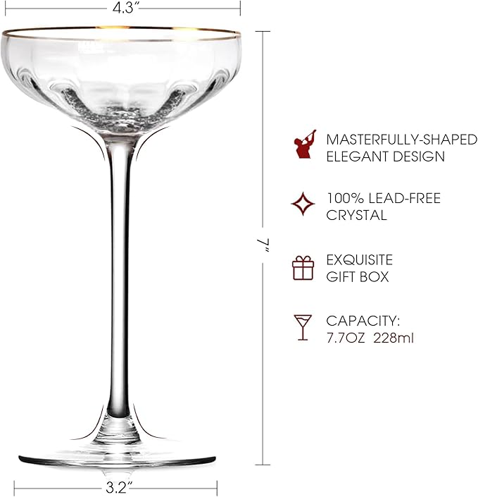 Vintage Coupe Glasses Set of 4, Tall Stemmed Martini Glasses, Gold Rim Cocktail Champagne Glasses, Perfect for Bar, Martinis, Margaritas, Parties, Ideal Gift Choice, 7.7oz Clear