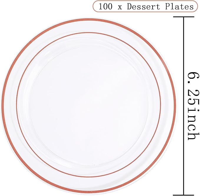 bUCLA 100PCS Clear Rose Gold Plastic Plates Disposable - Heavy Duty 6.25 Inch Clear Plastic Dessert Plates with Rose Gold Trim - Ideal for Party, Wedding & Valentines Day
