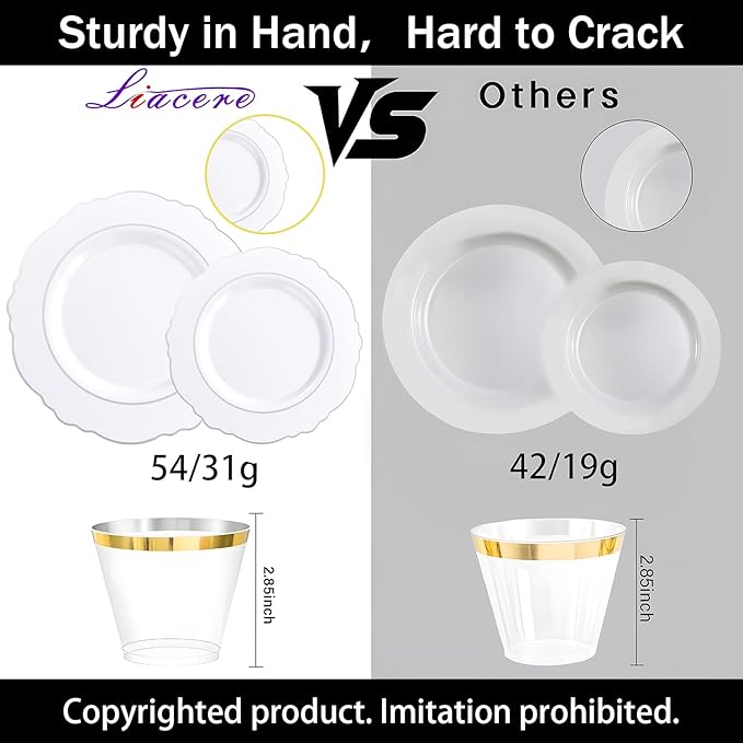 Liacere 350PCS Silver Plastic Plates-Disposable White and Silver Plates 50guest Baroque Plastic Dinnerware Set include 100Plates, 50Pack Pre Rolled Napkins with Silverware 50Cups Perfect for Christmas