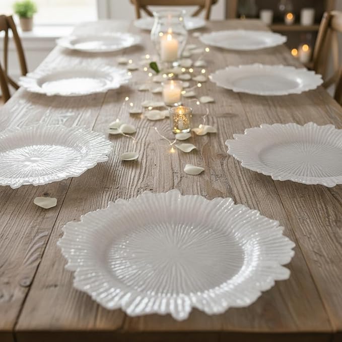 LOYALHEARTDY 24 Pack 13 Inch White Charger Plates, Plastic Reef Textured Rim Round Decorative Underplates for Wedding, Party, Dinner Table