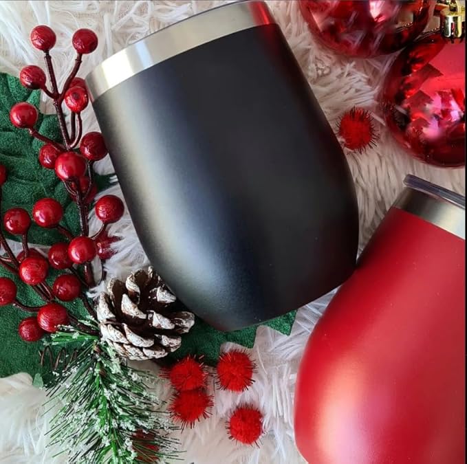 CHILLOUT LIFE 12 oz Stainless Steel Wine Tumbler with Lid - Double Wall Vacuum Insulated Wine Cup Glass Keeping Cold & Hot for Coffee, Champagne, Cocktails, Ice Cream - Powder Coated Black