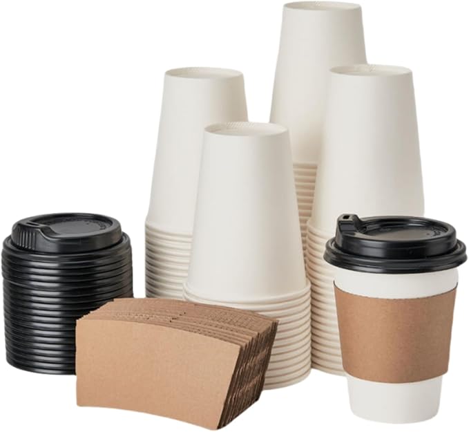 RACETOP 100 Pack Disposable Paper Coffee Cups with Lids & Sleeves, 16 oz, for Party, Church, Travel and Home