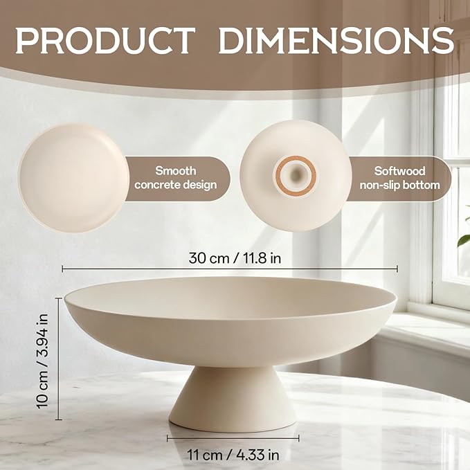 Fruit Bowl for Kitchen Counter, 11.8" W Large Concrete Decorative Bowls for Home Decor Purse Key Bowl for Entryway Table, Modern Style Catch-all Bowls (Off-White)