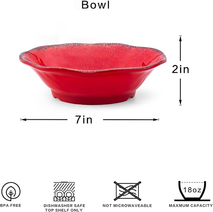 LEHAHA Melamine Cereal Bowls Sets, Set of 6 7” Farmhouse Melamine Small Bowls for Salad, Pasta, Snack, Dessert, Soup, Dipping or Ice Cream, Dishwasher Safe, Red