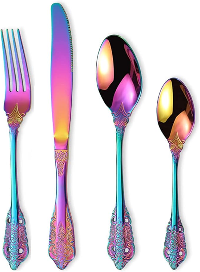 Vintage Colorful Silverware Flatware Set for 8, European Classic Style 32 Pieces Stainless Steel Tableware Cutlery Set,Fine Kitchen Utensils for Wedding Restaurant Hotel Christmas