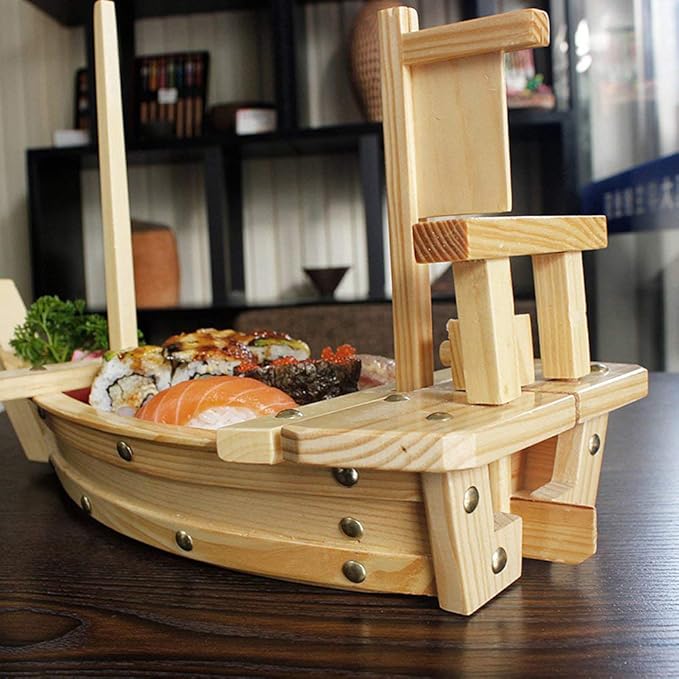 Kichgather 20" Wooden Sushi Serving Tray Boat Plate for Restaurant or Home