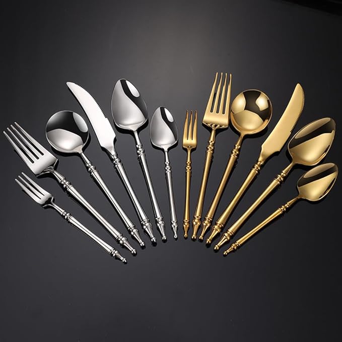 Gold Silverware Set for 8 Premium 18/10 Stainless Steel Flatware Set 32 Piece Include Knives Forks and Spoons Cutlery Utensils Light Luxury Vintage Style for Home Kitchen Christmas Restaurant