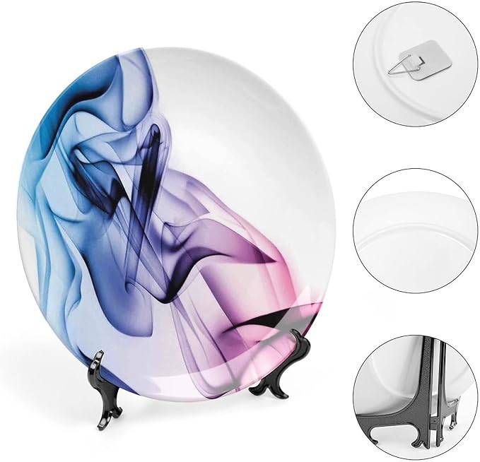 Decorative Plates, Abstract Decor Print Ornament, Colorful Smoke Dynamic Flow Swirl Contemporary, 7 Inch, 1 Plate with 1 Display Stand, Fuchsia Blue