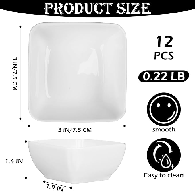Ceramic Dip Bowls Set - 12 Pack 3 oz Mini Sauce Dishes, Condiment Serving Bowls for Soy Sauce, Vinegar, Ketchup & BBQ - Stackable Small Porcelain Appetizer Bowls for Party & Dinner