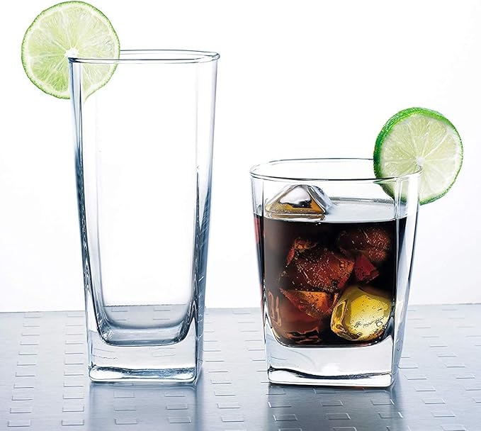Le'raze Everyday Drinking Glasses Set of 8 Drinkware Kitchen Glasses for Cocktail, Iced Coffee, Beer, Ice Tea, Wine, Whiskey, Water, 4 Tall Highball Glass Cups & 4 Short Old Fashioned.
