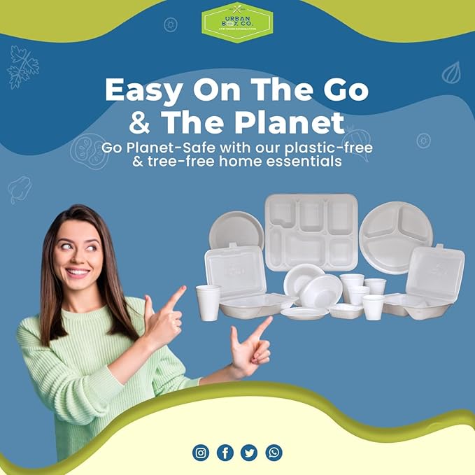 Urban Box Co. 12-Inch 4-Compartment Compostable Plates, Heavy-Duty Eco-Friendly Sugarcane Fiber, Biodegradable & PFAS-Free, BPI-Certified, Compostable Dinner Plates, 150 Pack