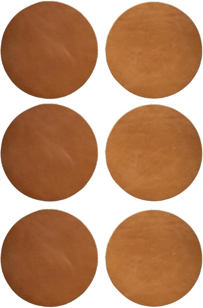 Real Natural Grain Leather Coasters – Durable Non-Slip (Tan) Distressed Design, Set of 6 for Table Protection in Home, Office, Kitchen, and Bar