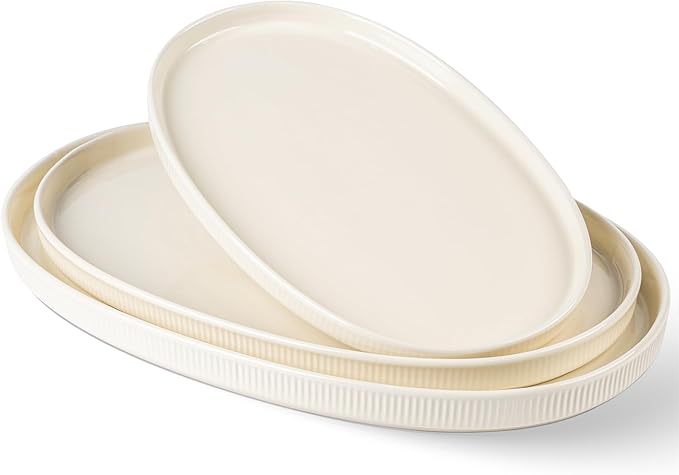 theterra Ceramic Serving Platter, 15.6"/14.4"/12.2" Oval Serving Dishes for Entertaining, Oven Safe, Microwave Safe, Serving Plates Set of 3 for Wedding, Party, Turkey, Beige