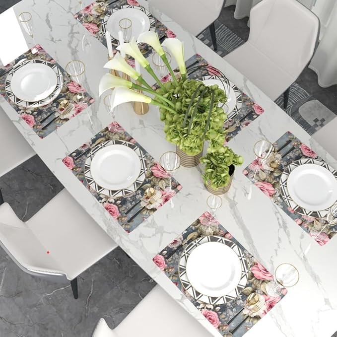 12"x18" Pink White Rose Florals Grey Vintage Flowers Placemats Set of 4 Washable Thick Place Mats Kitchen Table Mats Decorative Linen Fabric Table Mat for Dining Table Kitchen Home Decor