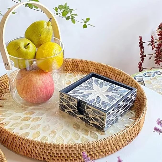 I-lan 6 Pack Mother of Pearl Square Decorative Coaster Set with Holder, Dark Grey Seashell Inlay Square Cup Holder with Shine, Decorative Coasters Capiz Shell Trivet for Coffee Table, 4 Inch