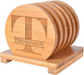 Personalized Bamboo Coasters, Custom Engraved Monogram Coasters with Holder, Great Gifts for Relatives, Friends or Yourself (T, Set of 6)